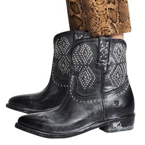 Frye Distressed Black Billy Stud Short Cowboy Boots/Booties